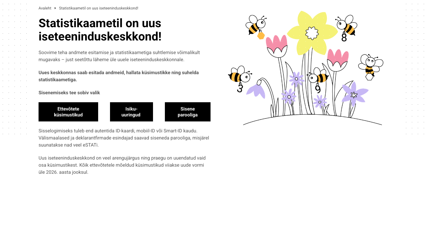 Statistikaameti uue iseteeninduse leht nupuga Ettevõtete küsimustikud